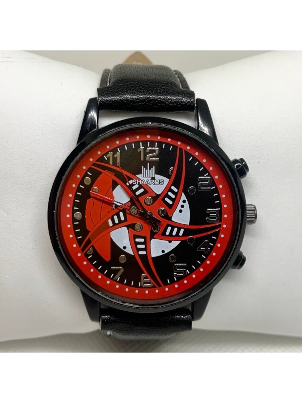 Men’s quartz analog watch black tone red dial 42mm round black leather running